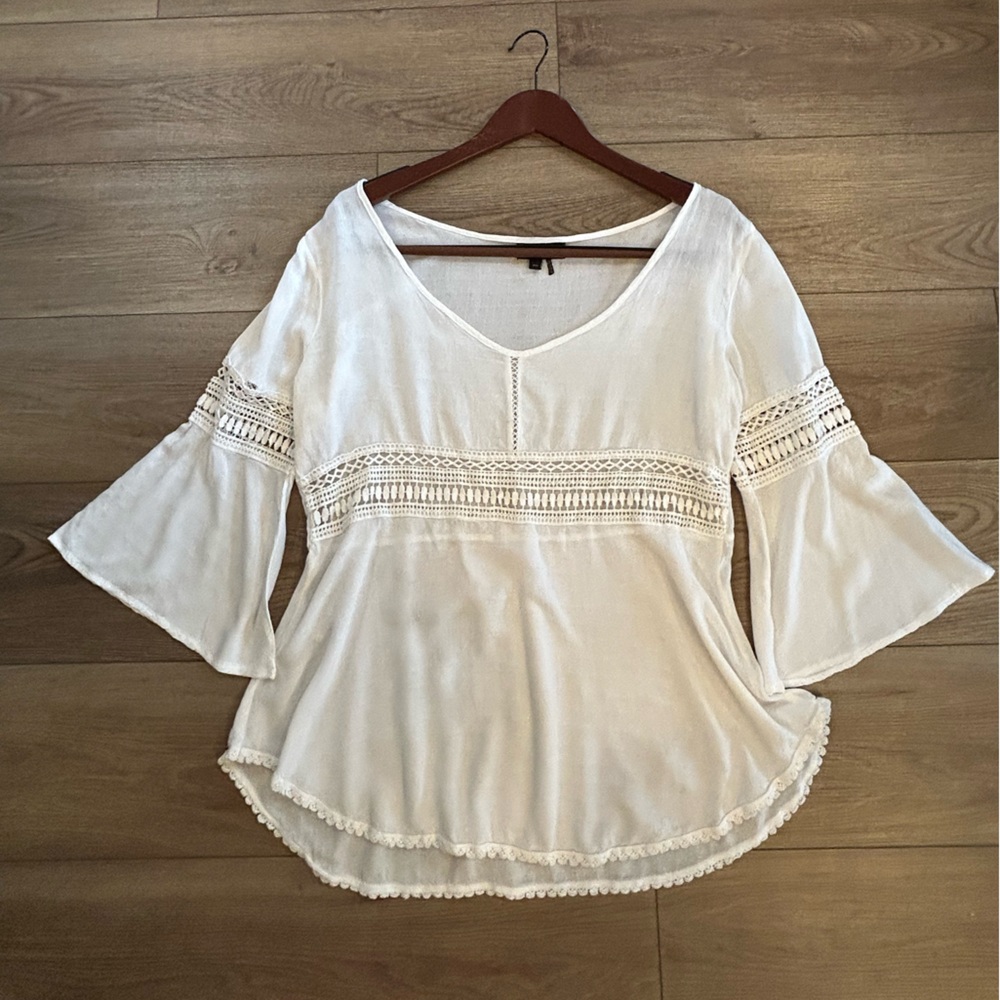 Buffalo David Bitton White‎ Boho Lace Bell Sleeve Blouse Medium